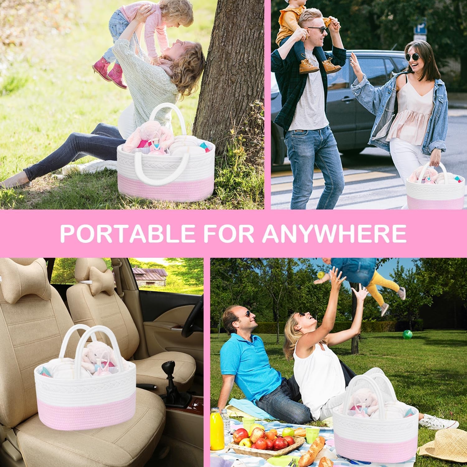 Portable Diaper Caddy Organizer, Cotton Rope Nursery Baby Basket, Changing Table Organizer for Baby Diaper Storage, Diaper Nursery Storage Bin for Baby Stuff, Baby Shower Gifts for Girls, Pink