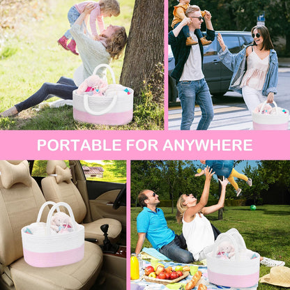Portable Diaper Caddy Organizer, Cotton Rope Nursery Baby Basket, Changing Table Organizer for Baby Diaper Storage, Diaper Nursery Storage Bin for Baby Stuff, Baby Shower Gifts for Girls, Pink