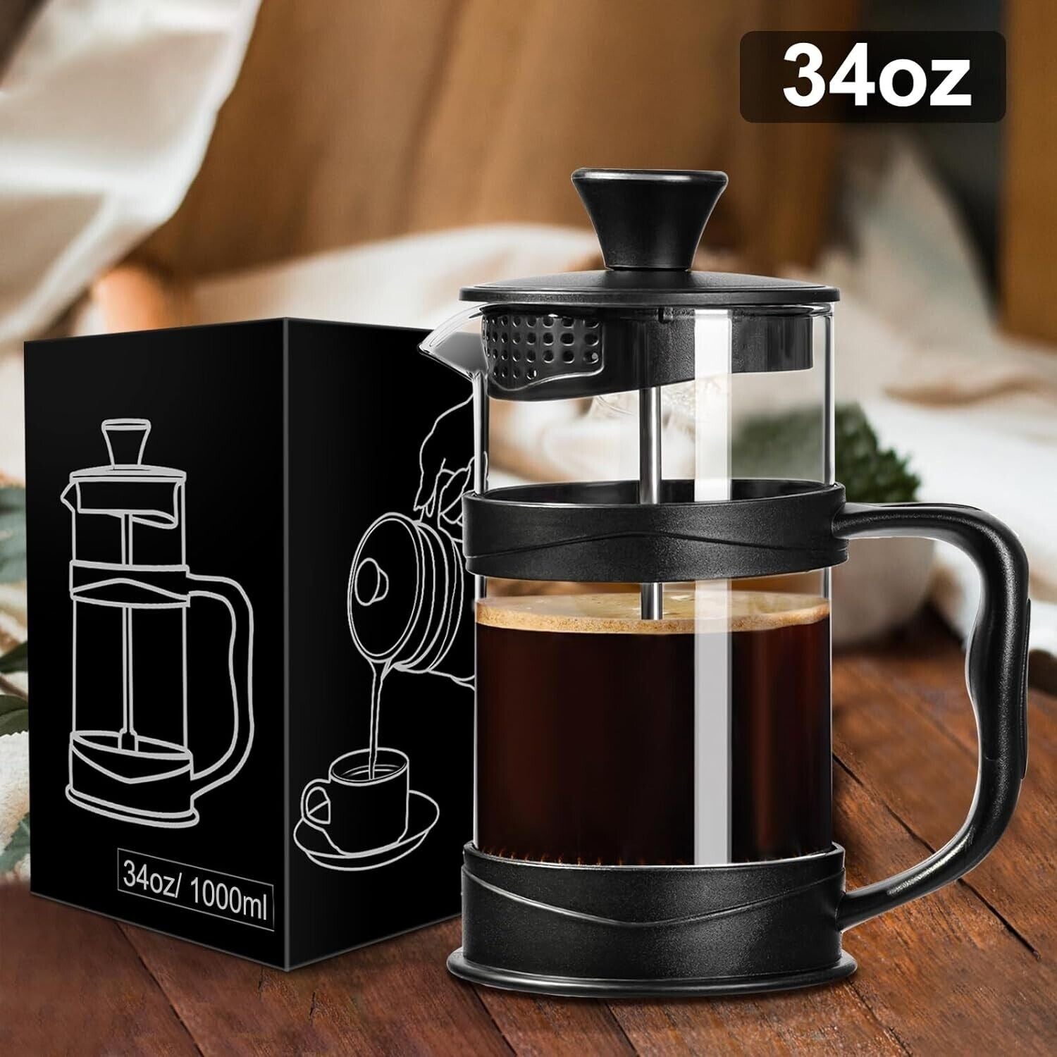 100ml French Press Coffee Maker 34Oz Glass Portable Cold Brew Coffee Maker Tea Pot