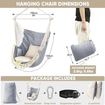 Easy to Assemble, Portable Hammock Chair Hanging Swing Max 500 Lbs 2 Cushions Included Steel Spreader Bar with Anti-Slip Grooves Portable Hanging Chair Side Pocket Large Macrame Bohemian Chair Indoor Outdoor