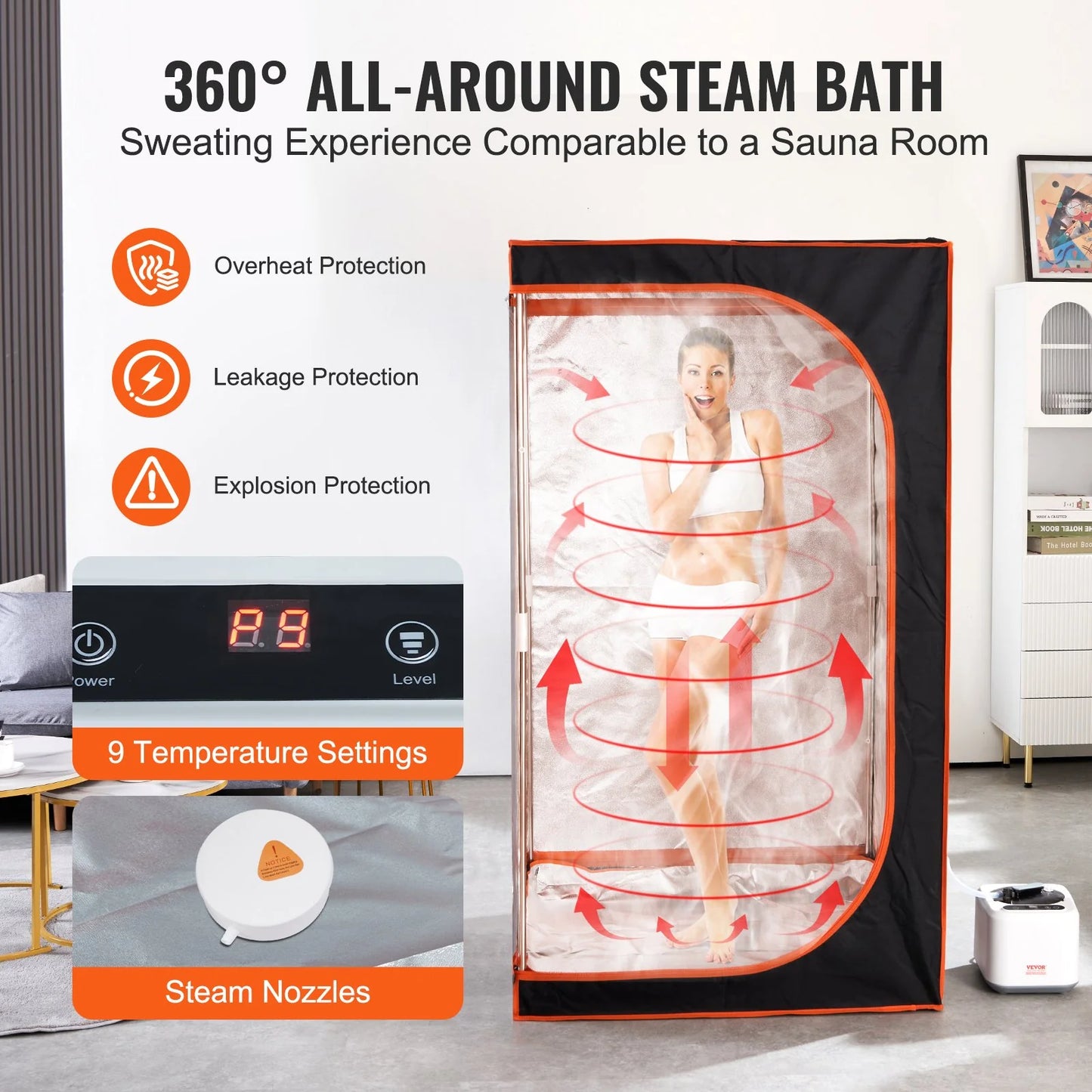 Overheat, Leakage, Explosion Protection
VEVOR Portable Steam Sauna Tent Full Size, 1000W Personal Sauna Blanket Kit for Home Spa, Detoxify & Soothing Heated Body Therapy, Time & Temperature Remote Control with Floor Mat 