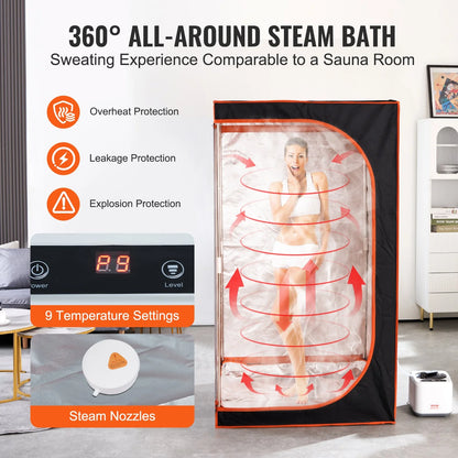 Overheat, Leakage, Explosion Protection
VEVOR Portable Steam Sauna Tent Full Size, 1000W Personal Sauna Blanket Kit for Home Spa, Detoxify & Soothing Heated Body Therapy, Time & Temperature Remote Control with Floor Mat 
