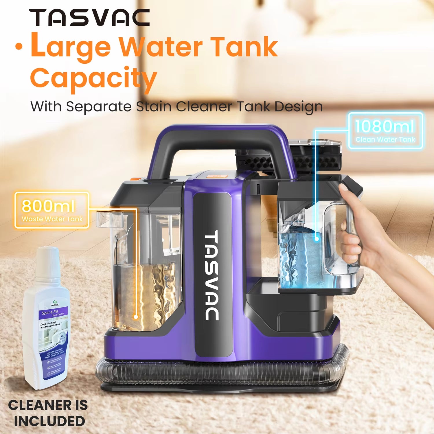 Large Water Tank Capacity 
TASVAC C7 Portable Carpet & Upholstery Cleaner Machine for Pets, Stairs, Couch Area Rugs, Upholstery, Car Seat