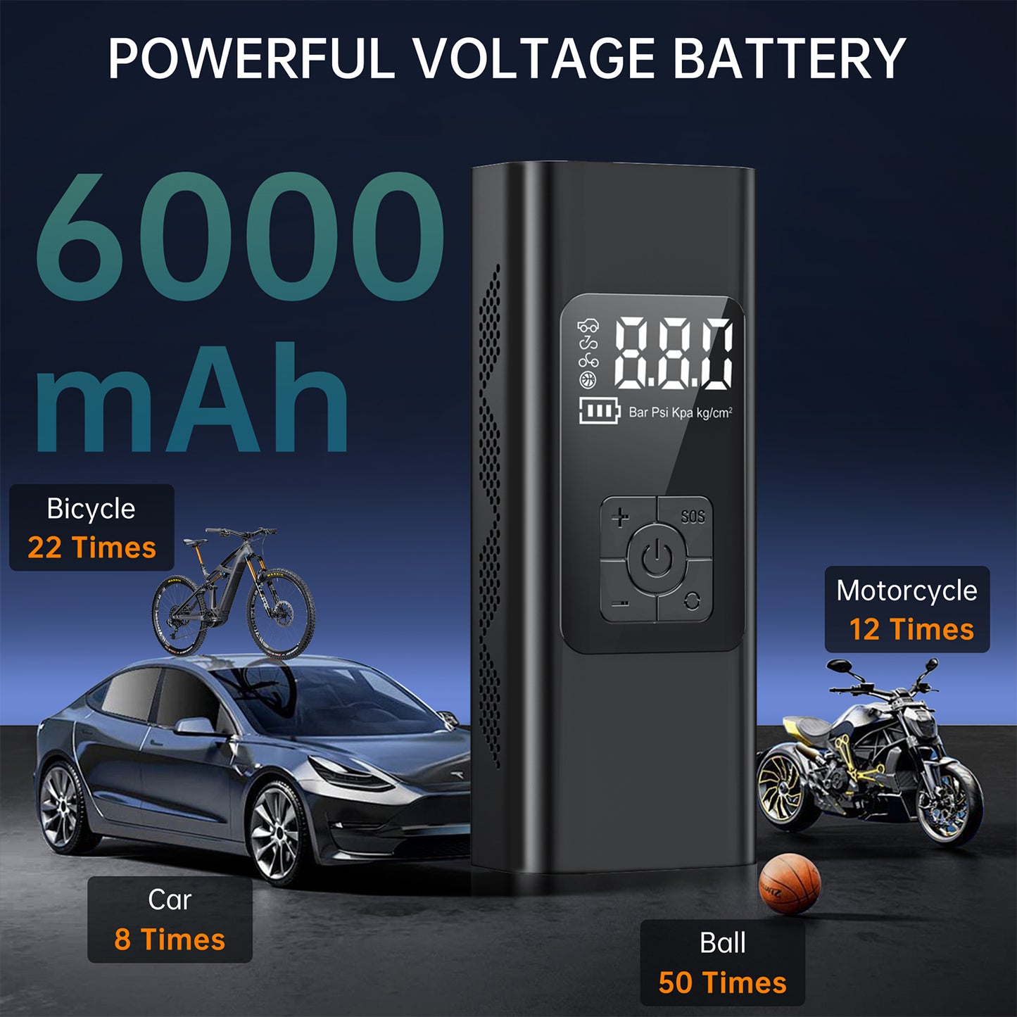 Powerful Voltage Battery 
Tire Inflator, Portable 150 PSI Air Compressor Bicycle Pump with Digital Pressure Gauge, Cordless Rechargeable Tire Pump with Emergency LED Light, Mini Electric Air Pump for Car Bike Motorcycle Ball