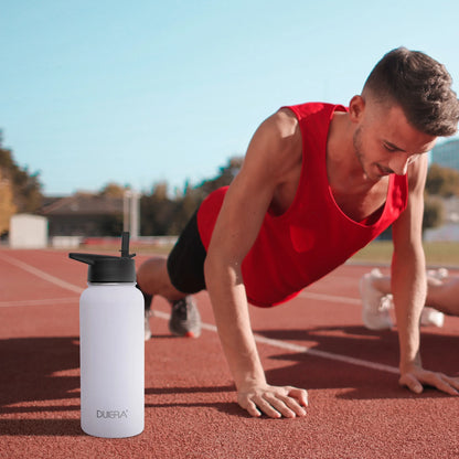 White Portable Water Bottle 32 Oz Stainless Steel Water Bottle 1L Vacuum BPA Free Water Bottle with Straws & Leak Proof Spout Lids & Straw Brush