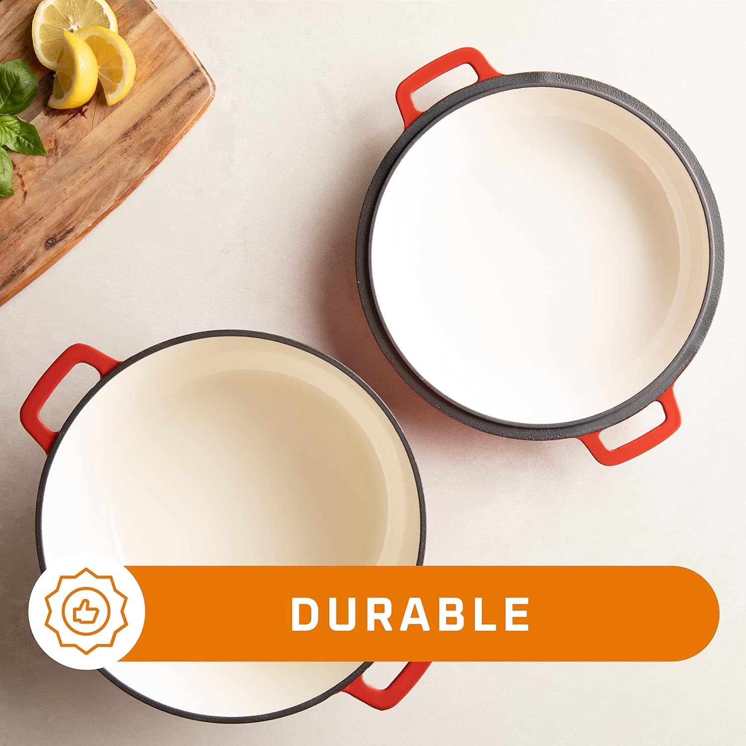 Durable 2-In-1 Pre-Seasoned Cast Iron Dutch Oven with Skillet Lid - 5 Qt round Cast Iron Pot for Bread, Casserole, Braising - Heavy Duty Enamel Cookware Set, Double Dutch Oven - 13.5 X 7-Inch, Black