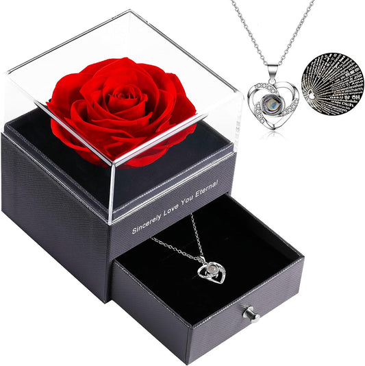 Preserved Real Rose Enchanted Real Rose Flower with Love Heart I Love You Necklace 100 Languages Gift Set,Handmade Eternal Flesh Flower Rose Gift for Her on Valentine'S Day Anniversary Mother'S Day