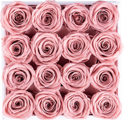 16 Preserved Real Roses in a Box, Rose Box Gifts for Her, Eternal Roses in a Box, Romantic Gifts for Her, Gift Box for Her/Women/Mother/Friend (16 Pink Roses, Square White Box)