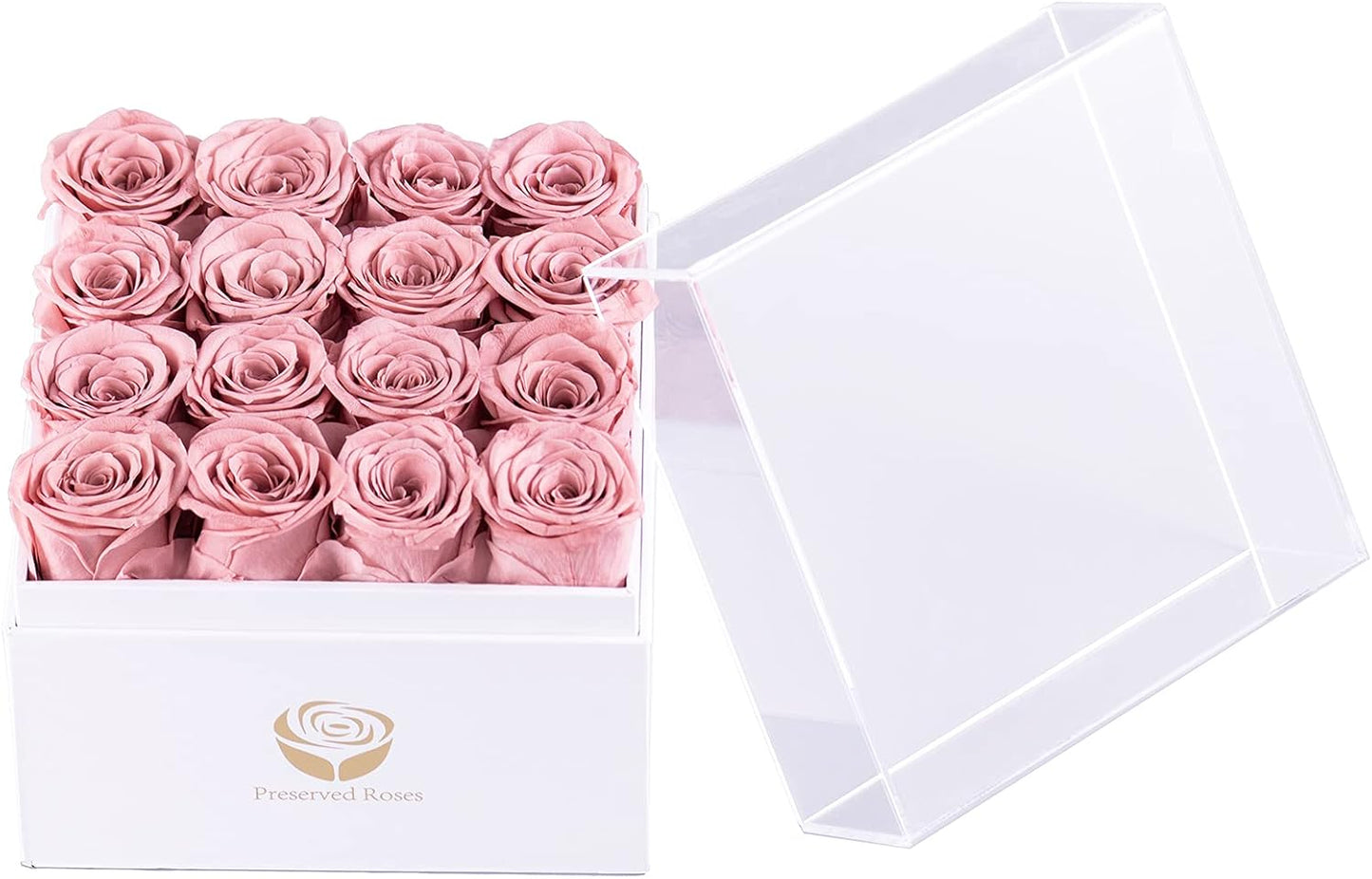 Pink Preserved Real Roses in a Box, Rose Box Gifts for Her, Eternal Roses in a Box, Romantic Gifts for Her, Gift Box for Her/Women/Mother/Friend (16 Pink Roses, Square White Box)