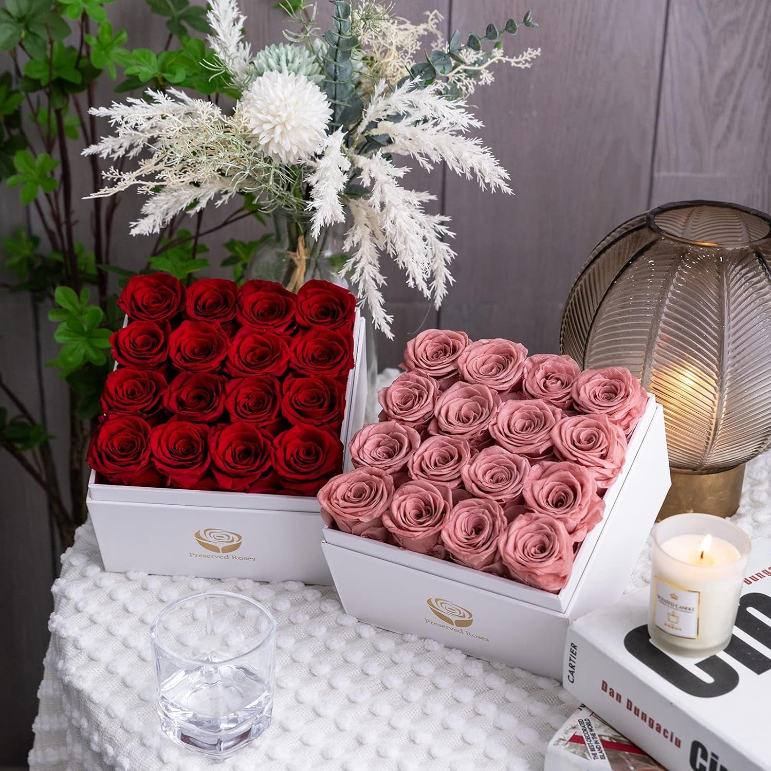 Red and Pink Preserved Real Roses in a Box, Rose Box Gifts for Her, Eternal Roses in a Box, Romantic Gifts for Her, Gift Box for Her/Women/Mother/Friend (16 Pink Roses, Square White Box)