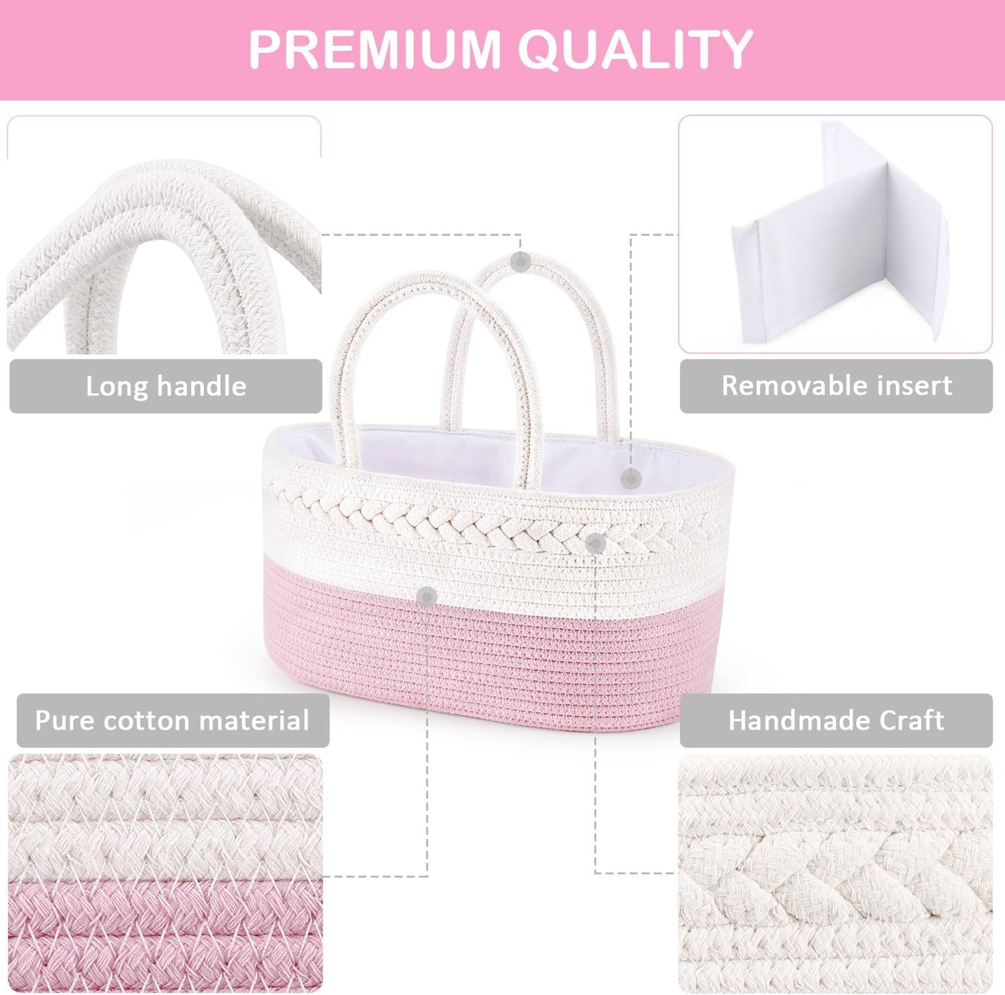 Pure Cotton Material Diaper Caddy Organizer, Cotton Rope Nursery Baby Basket, Changing Table Organizer for Baby Diaper Storage, Diaper Nursery Storage Bin for Baby Stuff, Baby Shower Gifts for Girls, Pink