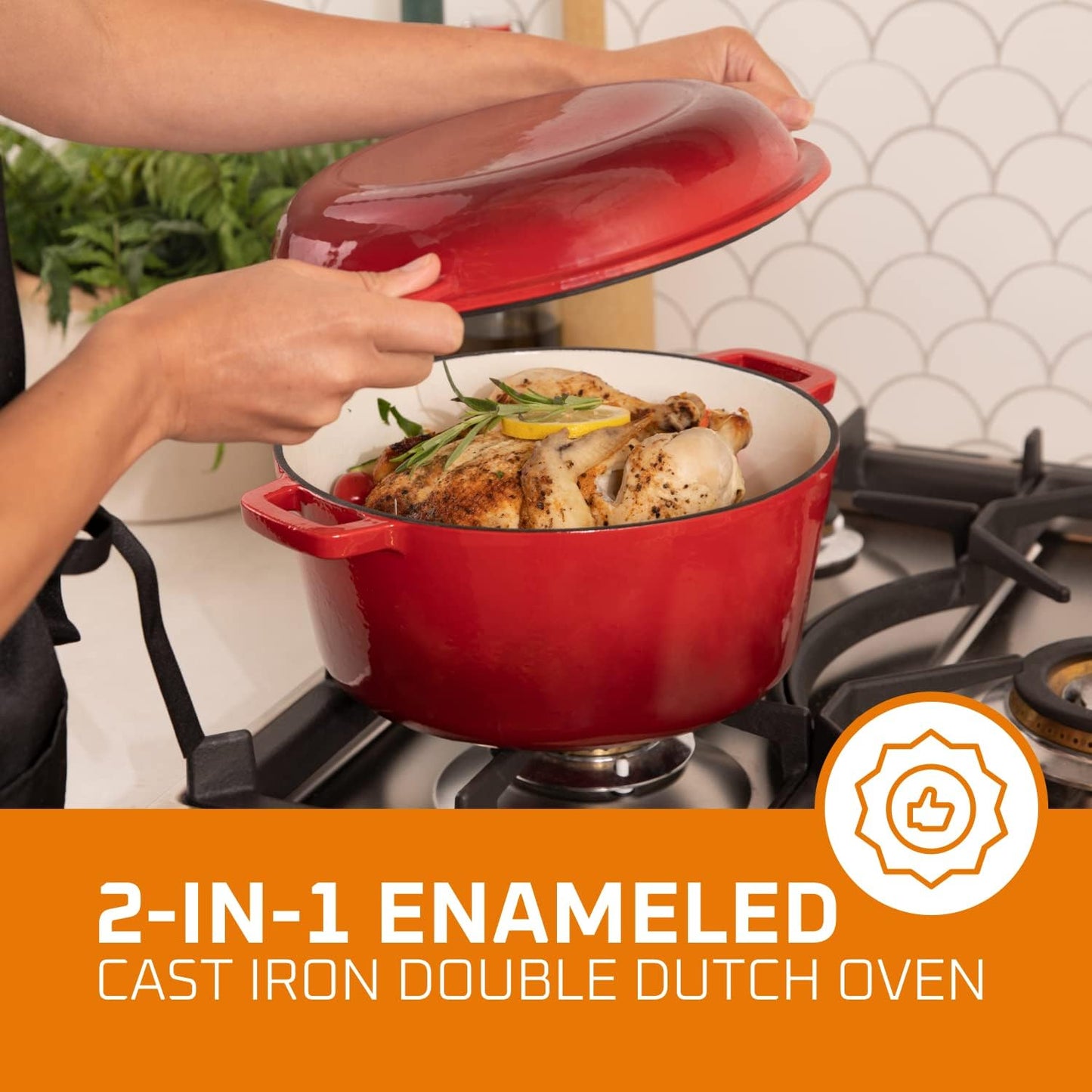 Cast Iron Double Dutch Oven 2-In-1 Pre-Seasoned Cast Iron Dutch Oven with Skillet Lid - 5 Qt round Cast Iron Pot for Bread, Casserole, Braising - Heavy Duty Enamel Cookware Set, Double Dutch Oven - 13.5 X 7-Inch, Black