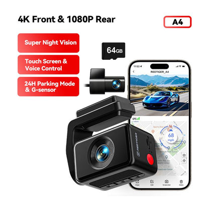 Redtiger F4 4K Dash Cam with Voice Control, WiFi & App, GPS, Super Night Vision, and Loop Recording. 4K Front and 1080 Pixel Rear. 24 Hour Parking Mode and G-sensor.