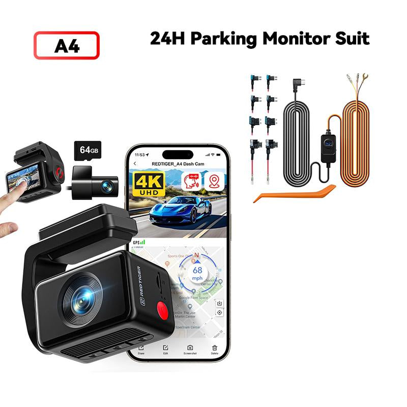 Redtiger F4 4K Dash Cam with Voice Control, WiFi & App, GPS, Super Night Vision, and Loop Recording. 24 Hours Parking Monitor Suit.