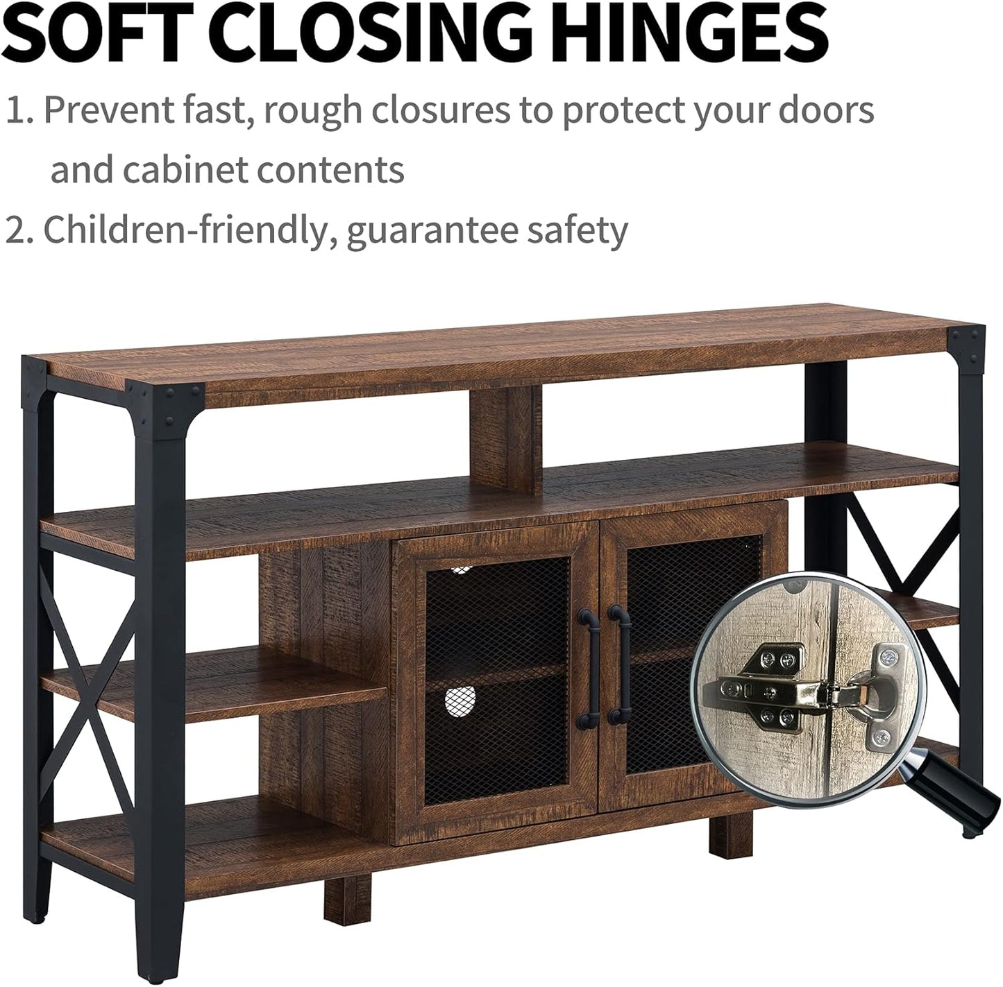 Soft Closing Hinges TV Stand Industrial Rustic Entertainment Center for 65 Inch TV, 33" Tall Wood Media TV Console Cabinet Table W/Soundbar Shelf & 2" Wide Metal X-Frame for Living Room, Reclaimed Barnwood Color