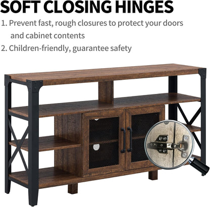 Soft Closing Hinges TV Stand Industrial Rustic Entertainment Center for 65 Inch TV, 33" Tall Wood Media TV Console Cabinet Table W/Soundbar Shelf & 2" Wide Metal X-Frame for Living Room, Reclaimed Barnwood Color
