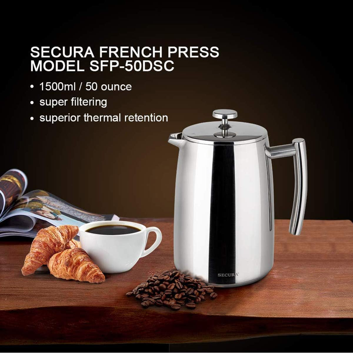 1500ml Durable French Press Coffee Maker, 50-Ounce, 304 Stainless Steel Insulated Coffee Press with Extra Screen 