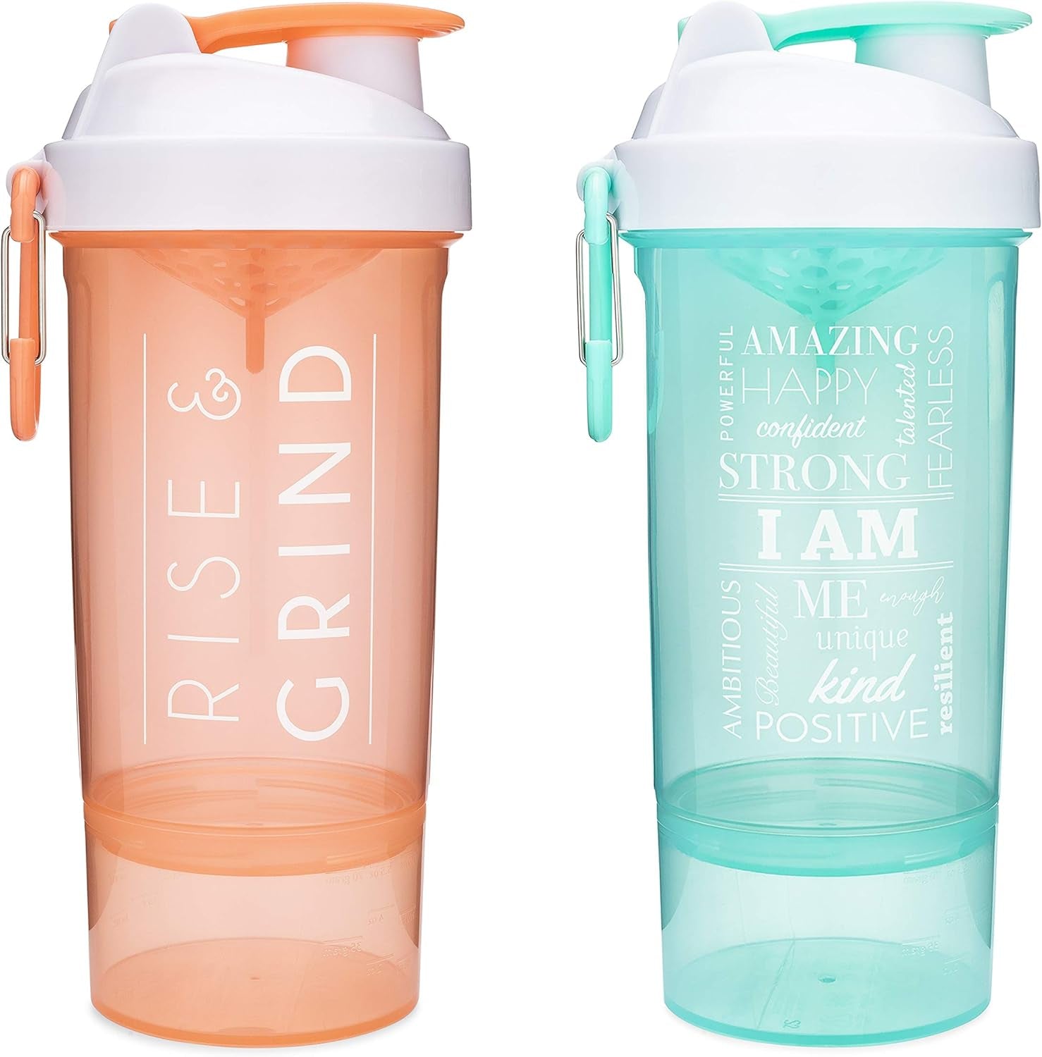 Shaker Bottle with Motivational Quotes | 27 Ounce Protein Shaker Cup | Attachable Container Storage for Protein or Supplements | Perfect Fitness Gift | Two Pack - Rise + I Am