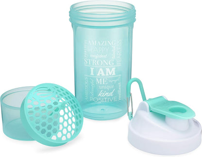 Motivation Shaker Bottle with Motivational Quotes | 27 Ounce Protein Shaker Cup | Attachable Container Storage for Protein or Supplements | Perfect Fitness Gift | Two Pack - Rise + I Am