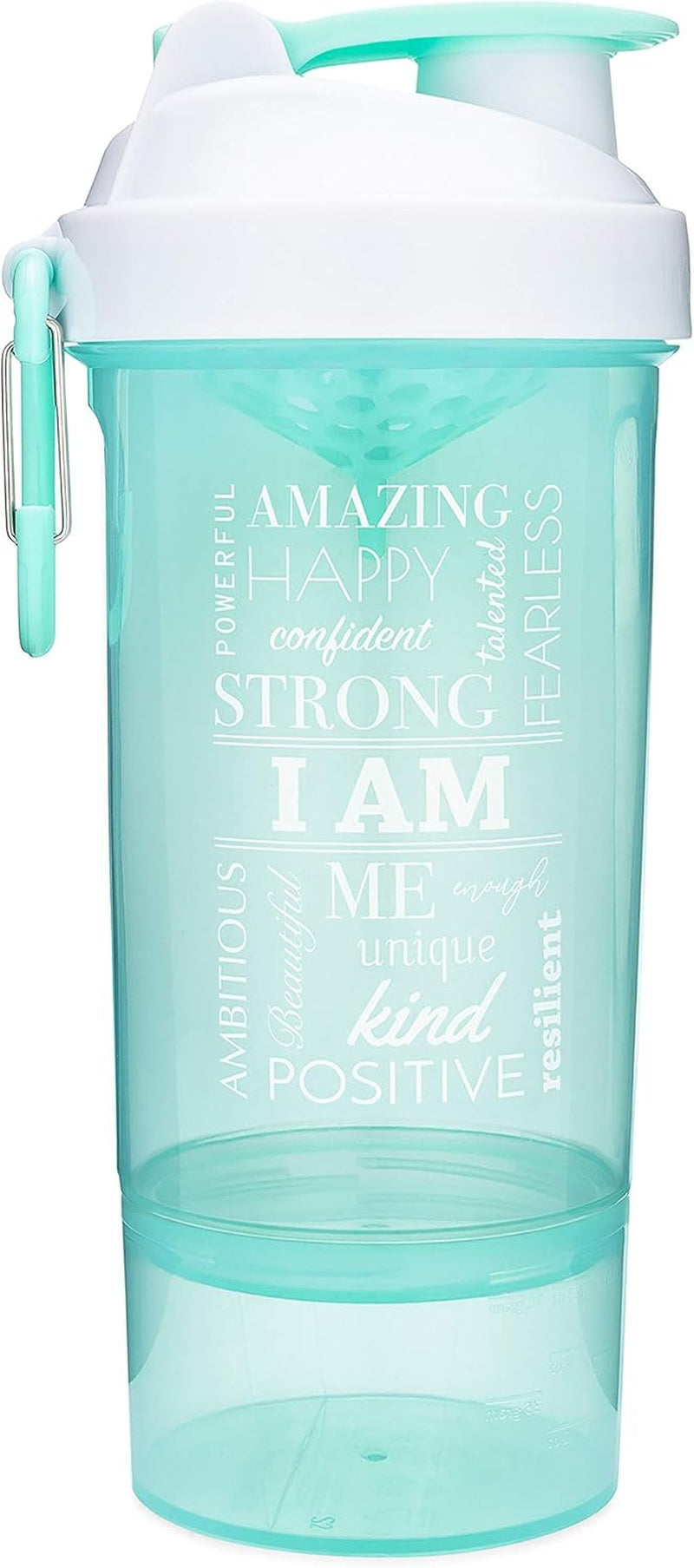 Torquise Shaker Bottle with Motivational Quotes | 27 Ounce Protein Shaker Cup | Attachable Container Storage for Protein or Supplements | Perfect Fitness Gift | Two Pack - Rise + I Am