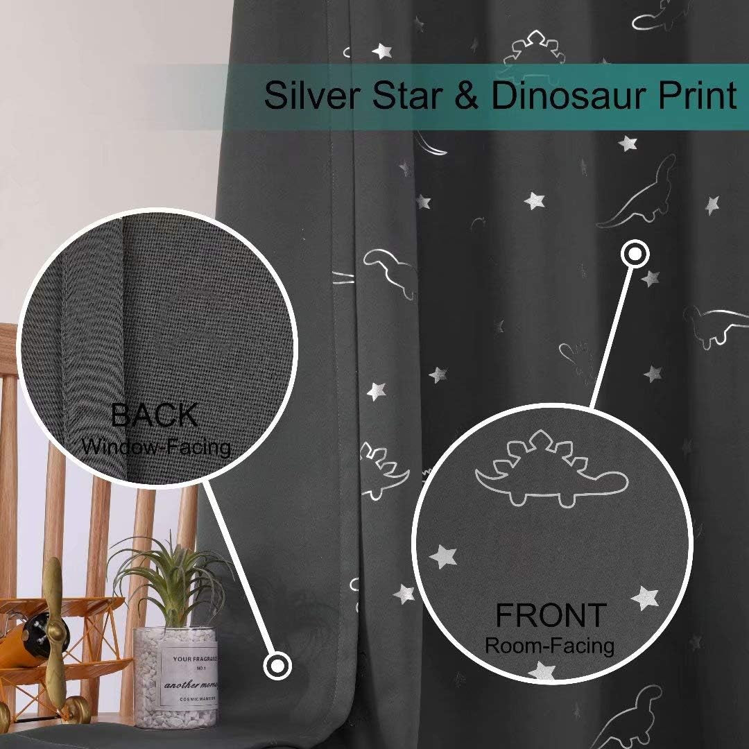 Silver Dinosaur and Star Foil Print Blackout Curtains for Kids Room - Thermal Insulated Curtains Noise Reducing Window Drapes for Boys and Girls Bedroom, 52 X 63 Inch, Grey, Set of 2 Panels