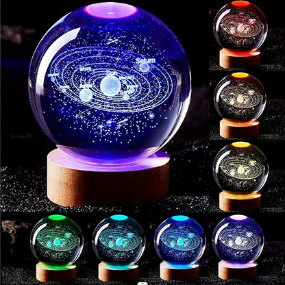Beautify your space with our stunning 3D Solar System Nightlight, beautifully embedded in a crystal glass ball. This decorative LED lamp vividly showcases planets and stars, creating a calming and magical atmosphere in bedrooms, offices, or living rooms. Ideal as unique holiday gifts, birthday presents, or special occasion keepsakes, this crystal glass sphere combines celestial artistry with premium craftsmanship. 
