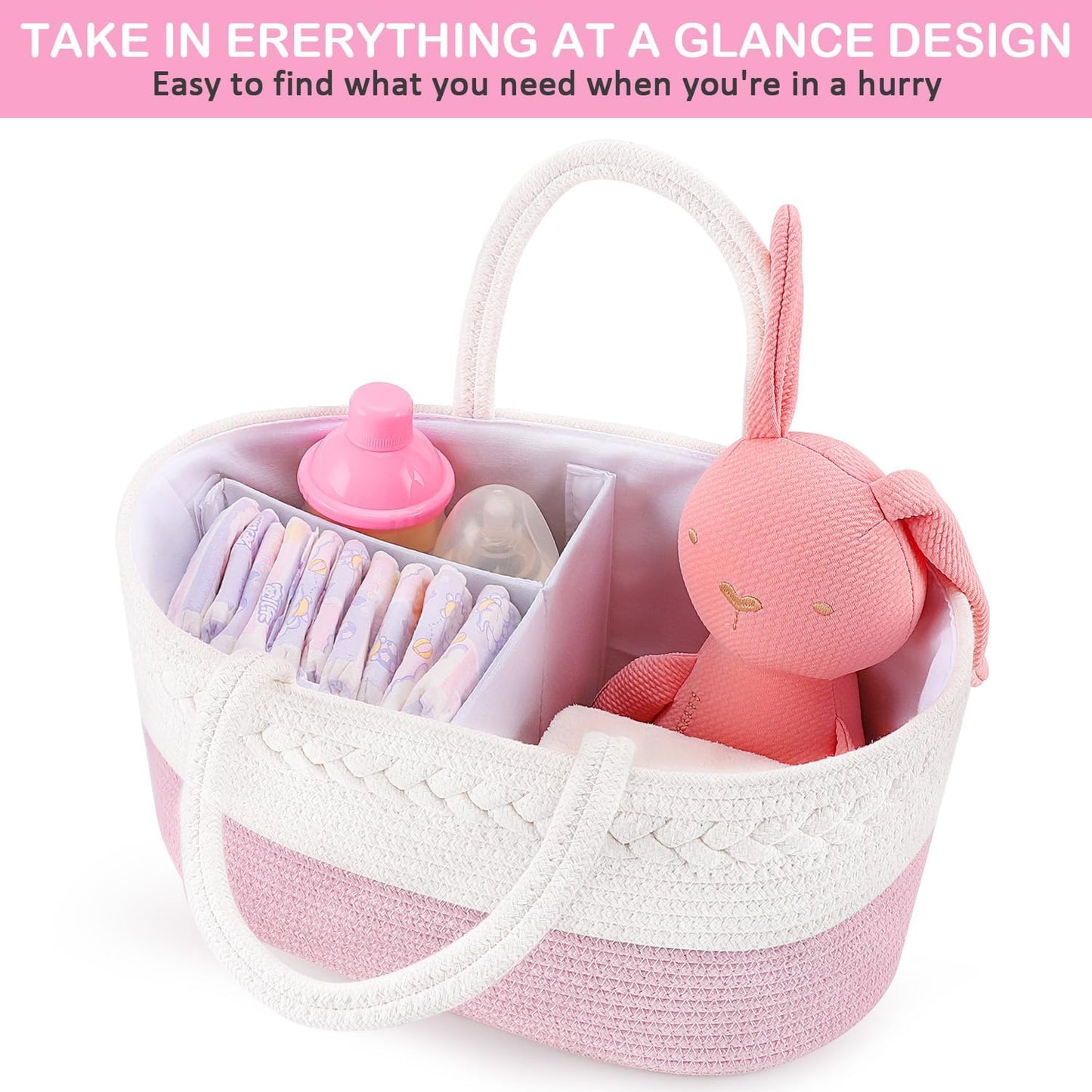 Spacious Diaper Caddy Organizer, Cotton Rope Nursery Baby Basket, Changing Table Organizer for Baby Diaper Storage, Diaper Nursery Storage Bin for Baby Stuff, Baby Shower Gifts for Girls, Pink