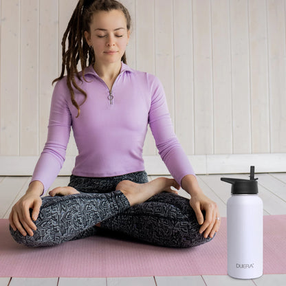 Sport White Water Bottle 32 Oz Stainless Steel Water Bottle 1L Vacuum BPA Free Water Bottle with Straws & Leak Proof Spout Black Lids & Straw Brush