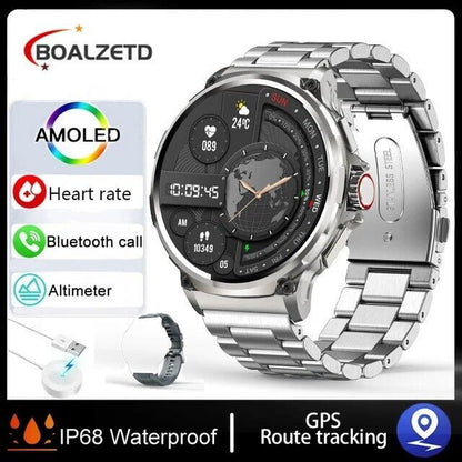 Stainless Steel Silver, Amoled, 1.85" Ultra HD Smartwatch GPS Bluetooth Call Health Monitoring Watch Gym Gift, GPS Route Tracking, Waterproof IP68, Heart Rate