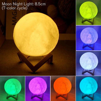 D5 Starry Moon Lamp 8Cm - 7-Colour Cycle LED Night Light with Stand, Perfect for Bedroom Decor and Gifts