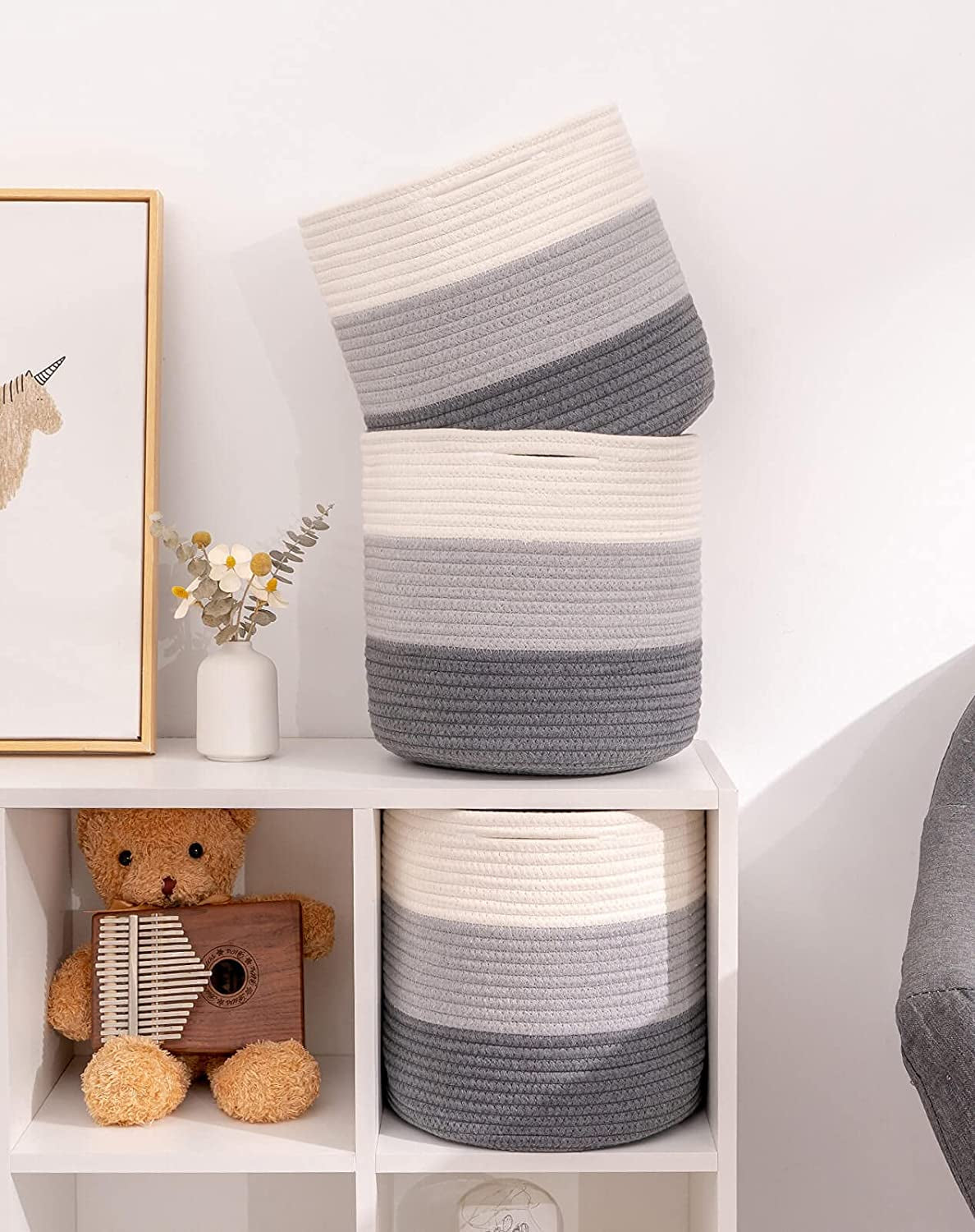 Durable Storage Cubes Baskets Bins Organizer 11X11X11'' Fit 12X12 '' Cube Storage Organizer Bookcases Shelves, Durable Woven Cotton Storage Basket for Organizing, Round 3Pack 3-Tone Gray Grey