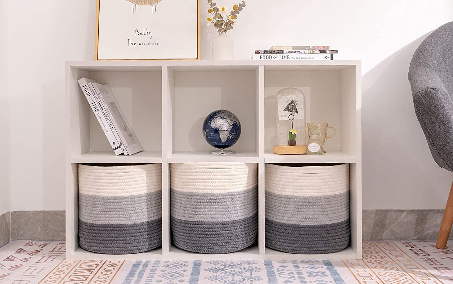 Cabinet Storage Cubes Baskets Bins Organizer 11X11X11'' Fit 12X12 '' Cube Storage Organizer Bookcases Shelves, Durable Woven Cotton Storage Basket for Organizing, Round 3-Pack 3-Tone Gray Grey