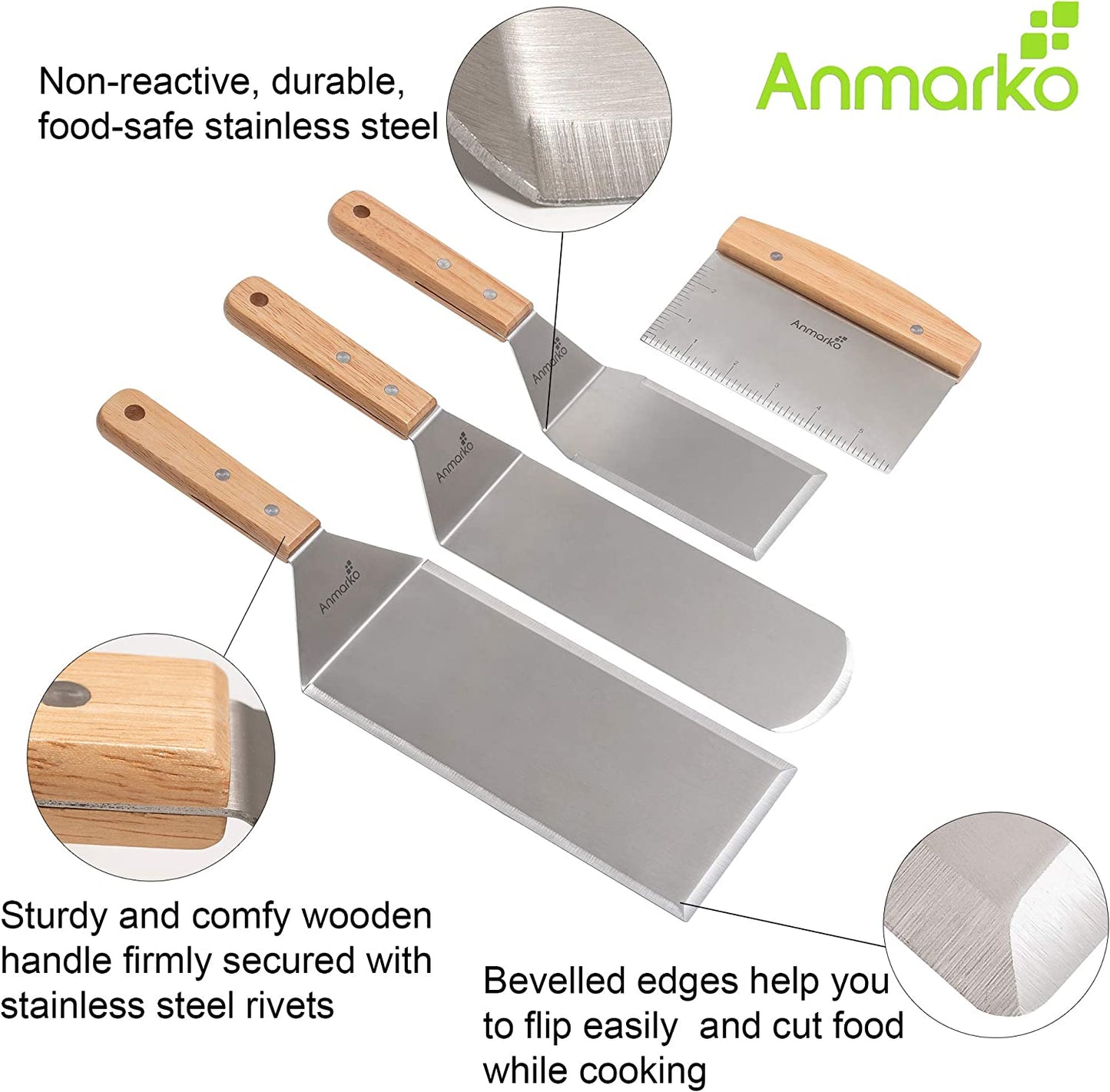 Sturdy Stainless Steel Metal Spatula Set - Teppaniyaki Spatulas - Griddle Scraper Flat Spatula Pancake Flipper Hamburger Turner - Metal Utensil Great for BBQ Grill Flat Top Cast Iron Griddle Accessories
