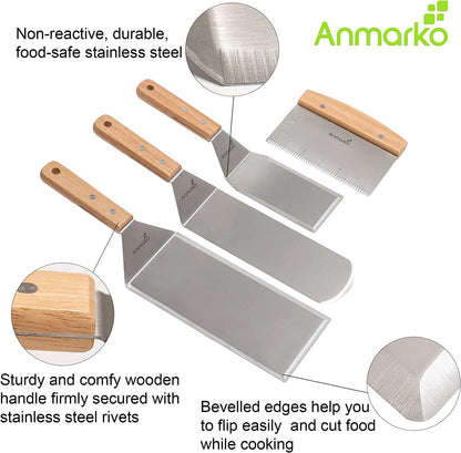 Sturdy Stainless Steel Metal Spatula Set - Teppaniyaki Spatulas - Griddle Scraper Flat Spatula Pancake Flipper Hamburger Turner - Metal Utensil Great for BBQ Grill Flat Top Cast Iron Griddle Accessories