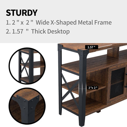 Sturdy TV Stand Industrial Rustic Entertainment Center for 65 Inch TV, 33" Tall Wood Media TV Console Cabinet Table W/Soundbar Shelf & 2" Wide Metal X-Frame for Living Room, Reclaimed Barnwood Color