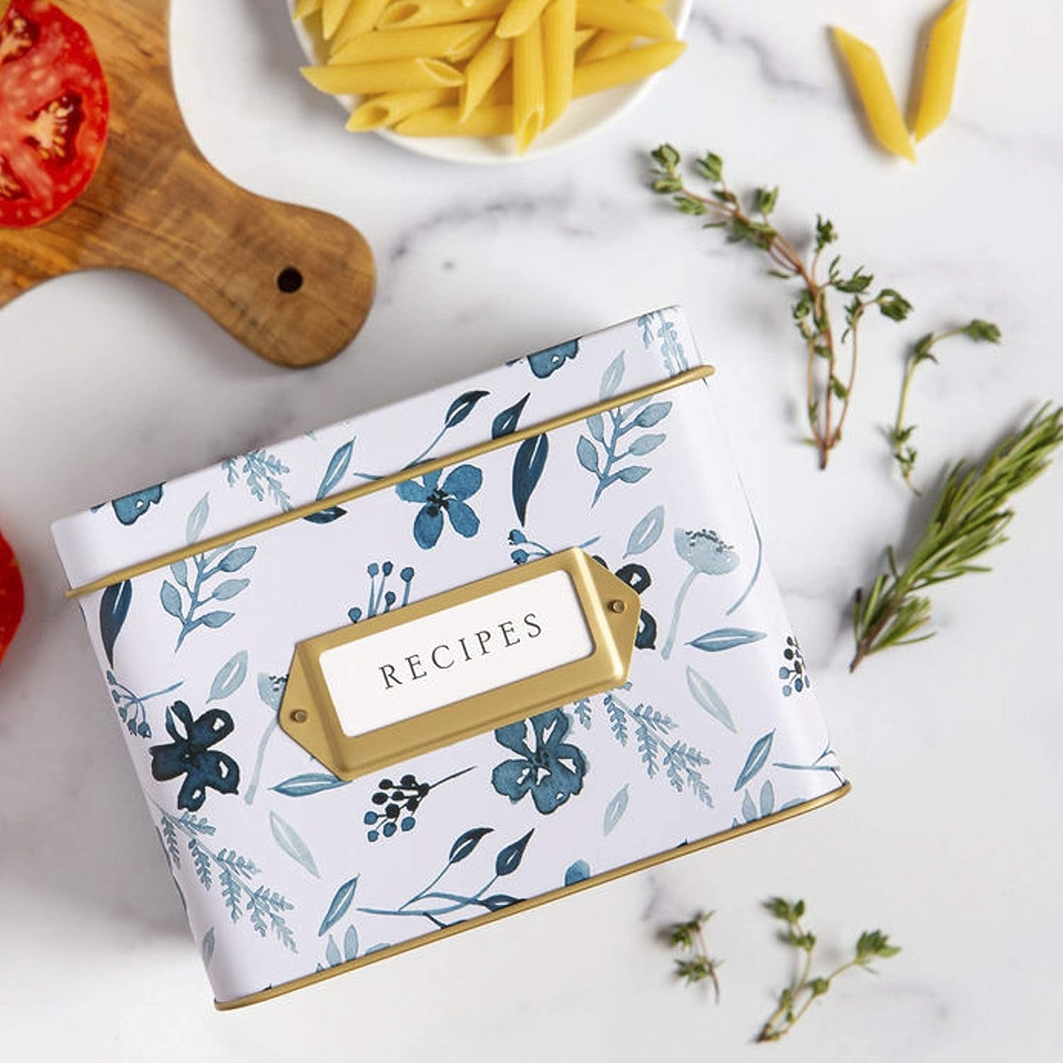 White and Green Decorative Recipe Tin Box for Recipe Cards, Greeting Card Holder | Holds Hundreds of 4” X 6” Cards