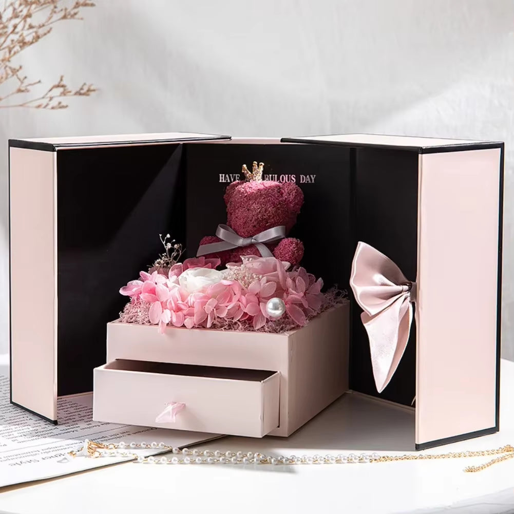 "Have a Fabulous Day" inscribed Eternal Rose Bear Gift Box with Drawer Design Wedding Anniversary Valentine'S Day Birthday Flower Gifts for Her