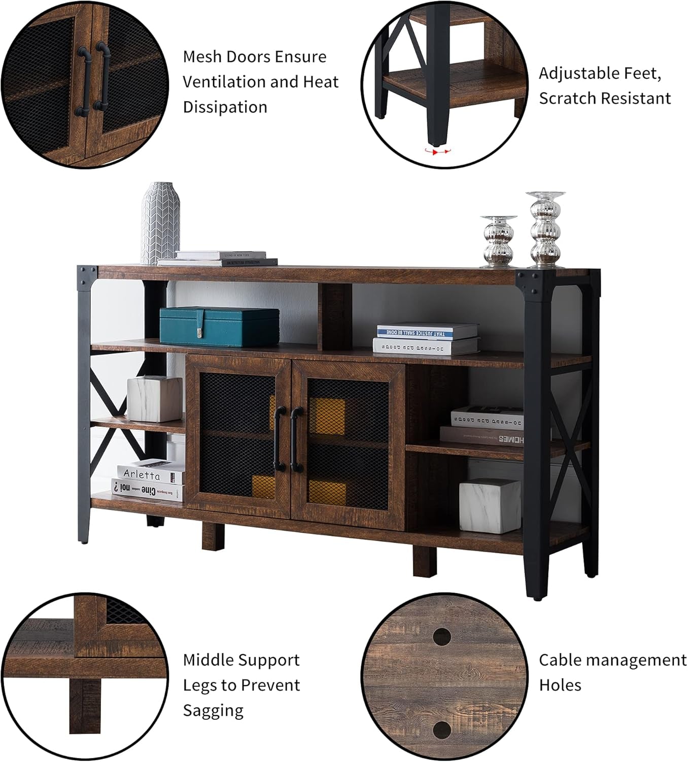 Adjustable Feet and Cable Management Holes 
TV Stand Industrial Rustic Entertainment Center for 65 Inch TV, 33" Tall Wood Media TV Console Cabinet Table W/Soundbar Shelf & 2" Wide Metal X-Frame for Living Room, Reclaimed Barnwood Color