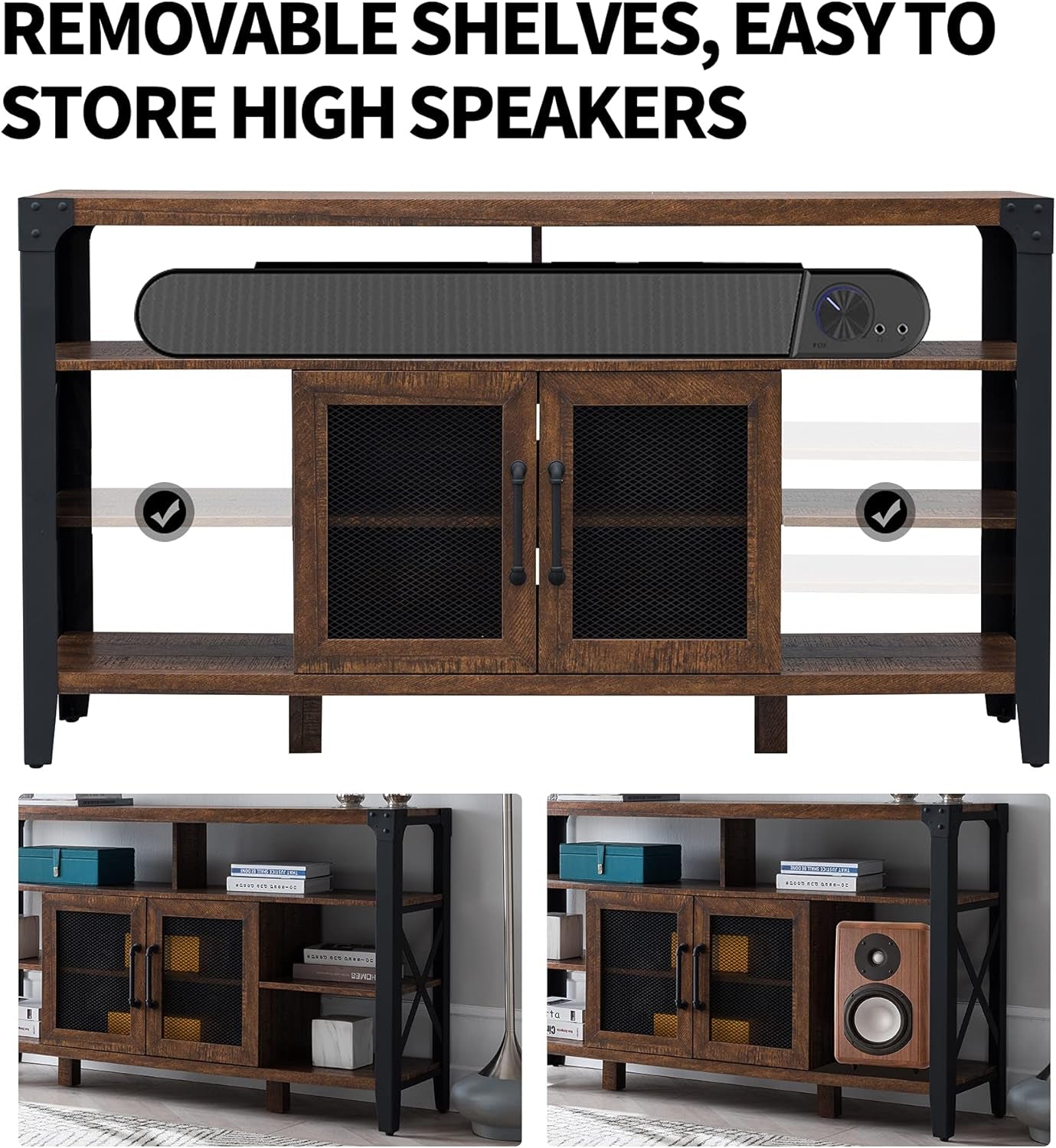 Removable Shelves TV Stand Industrial Rustic Entertainment Center for 65 Inch TV, 33" Tall Wood Media TV Console Cabinet Table W/Soundbar Shelf & 2" Wide Metal X-Frame for Living Room, Reclaimed Barnwood Color