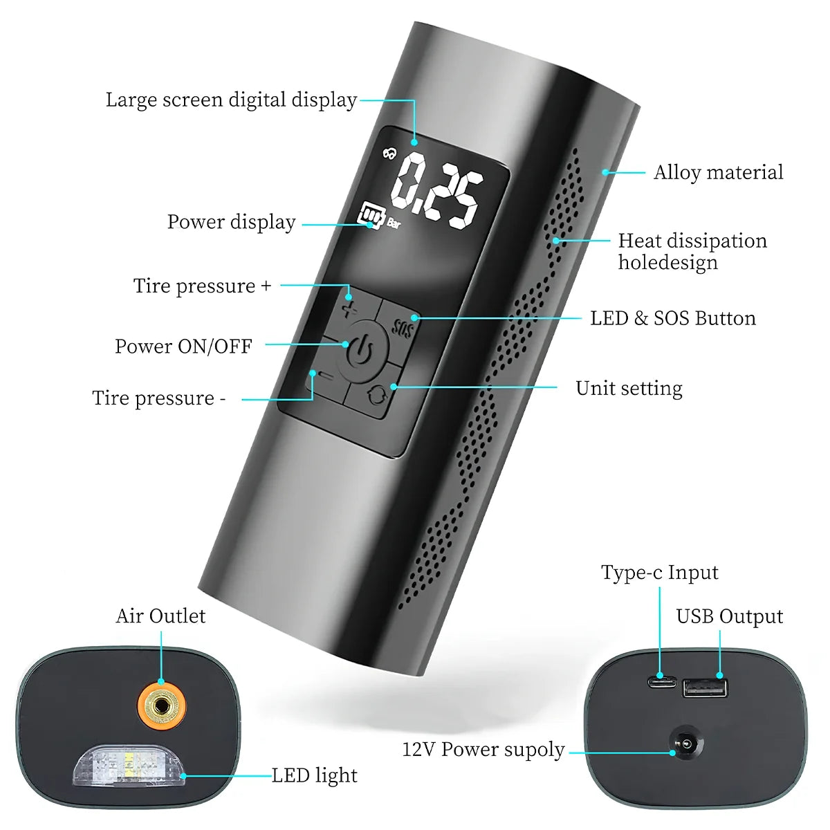 Large Screen Digital Display Tire Inflator, Portable 150 PSI Air Compressor Bicycle Pump with Digital Pressure Gauge, Cordless Rechargeable Tire Pump with Emergency LED Light, Mini Electric Air Pump for Car Bike Motorcycle Ball