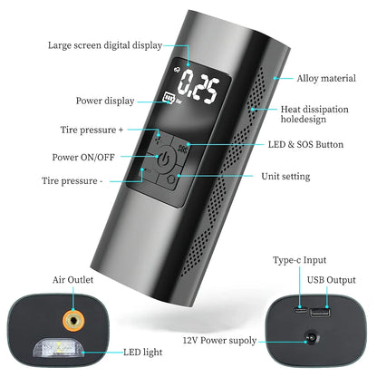 Large Screen Digital Display Tire Inflator, Portable 150 PSI Air Compressor Bicycle Pump with Digital Pressure Gauge, Cordless Rechargeable Tire Pump with Emergency LED Light, Mini Electric Air Pump for Car Bike Motorcycle Ball