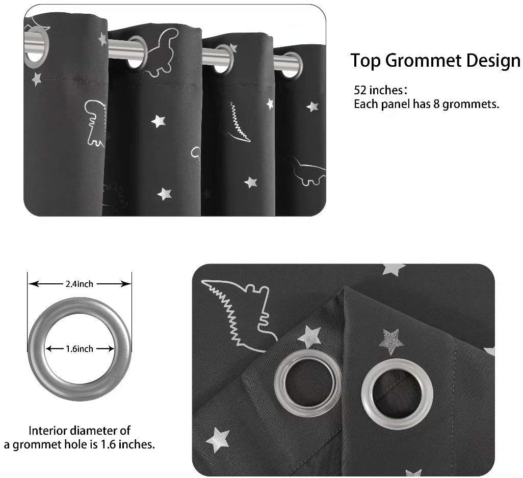 Top Grommet Design Dinosaur and Star Foil Print Blackout Curtains for Kids Room - Thermal Insulated Curtains Noise Reducing Window Drapes for Boys and Girls Bedroom, 52 X 63 Inch, Grey, Set of 2 Panels