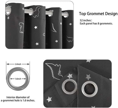 Top Grommet Design Dinosaur and Star Foil Print Blackout Curtains for Kids Room - Thermal Insulated Curtains Noise Reducing Window Drapes for Boys and Girls Bedroom, 52 X 63 Inch, Grey, Set of 2 Panels