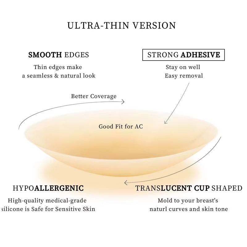 Ultra-Thin Version - Smooth Edges - Strong Adhesive - Translucent Seamless Reusable Silicone Nipple Covers - No Show Adhesive Pasties for Women