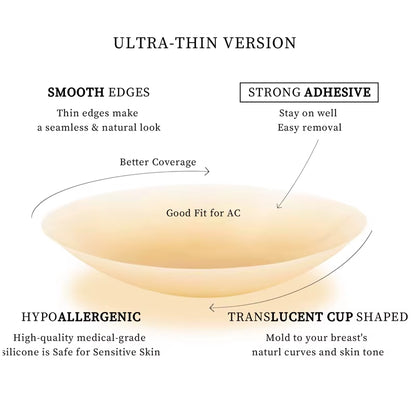 Ultra-Thin Version - Smooth Edges - Strong Adhesive - Translucent Seamless Reusable Silicone Nipple Covers - No Show Adhesive Pasties for Women