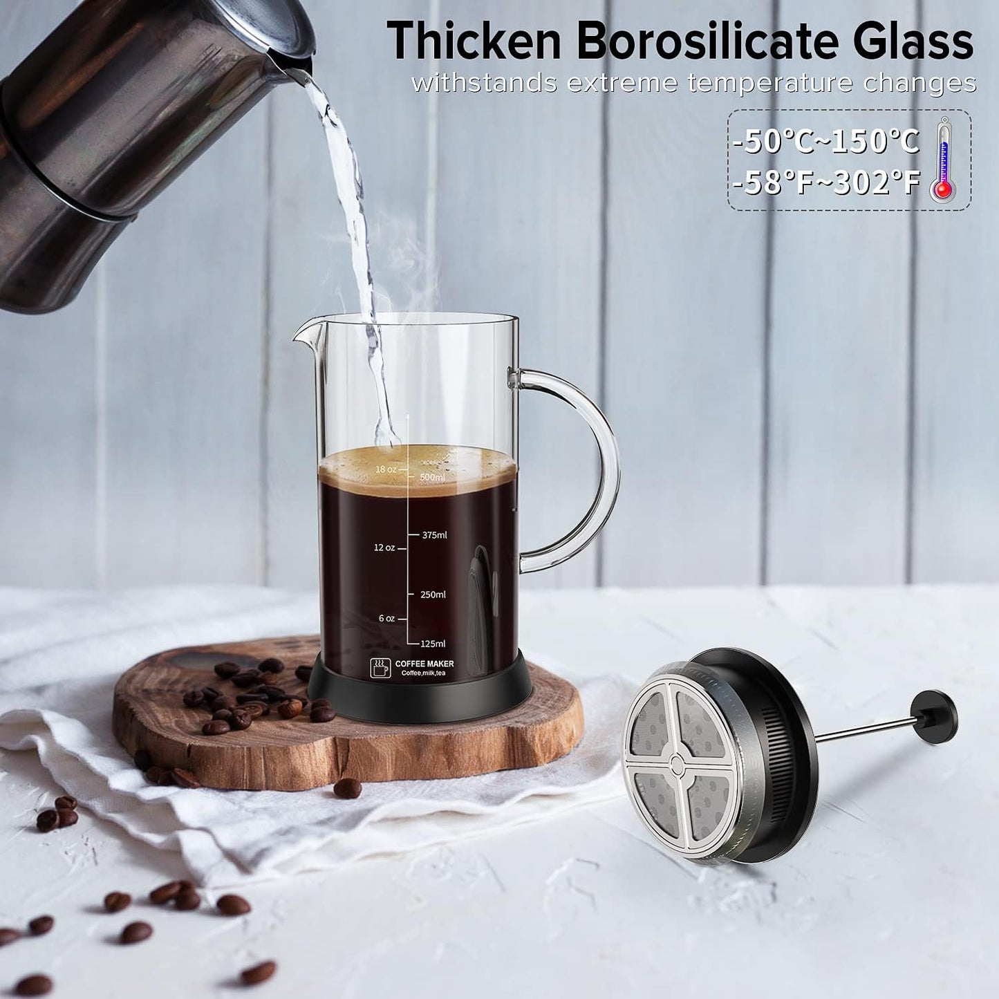 Thicken Borosilicate Glass French Press Coffee Maker with 4 Filter, 20Oz French Coffee Press with Glass Handle and Non-Slip Silicone Base Precise Scale, Easy to Clean, Durable Heat Resistant