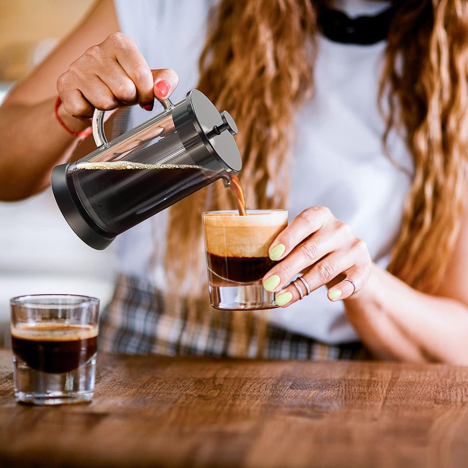 Black Base Glass French Press Coffee Maker with 4 Filter, 20Oz French Coffee Press with Glass Handle and Non-Slip Silicone Base Precise Scale, Easy to Clean, Durable Heat Resistant