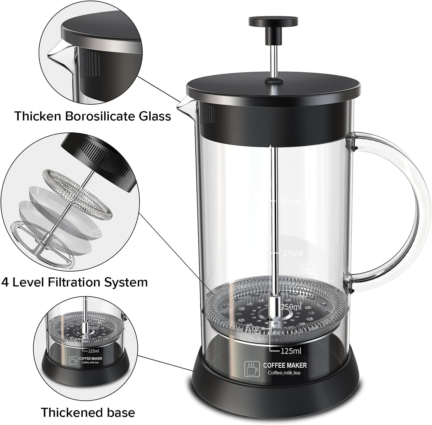 Transparent Glass French Press Coffee Maker with 4 Filter, 20Oz French Coffee Press with Glass Handle and Non-Slip Silicone Base Precise Scale, Easy to Clean, Durable Heat Resistant