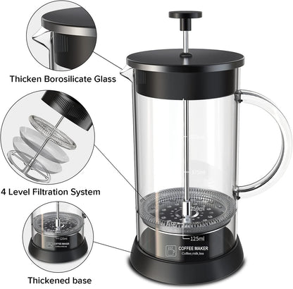Transparent Glass French Press Coffee Maker with 4 Filter, 20Oz French Coffee Press with Glass Handle and Non-Slip Silicone Base Precise Scale, Easy to Clean, Durable Heat Resistant