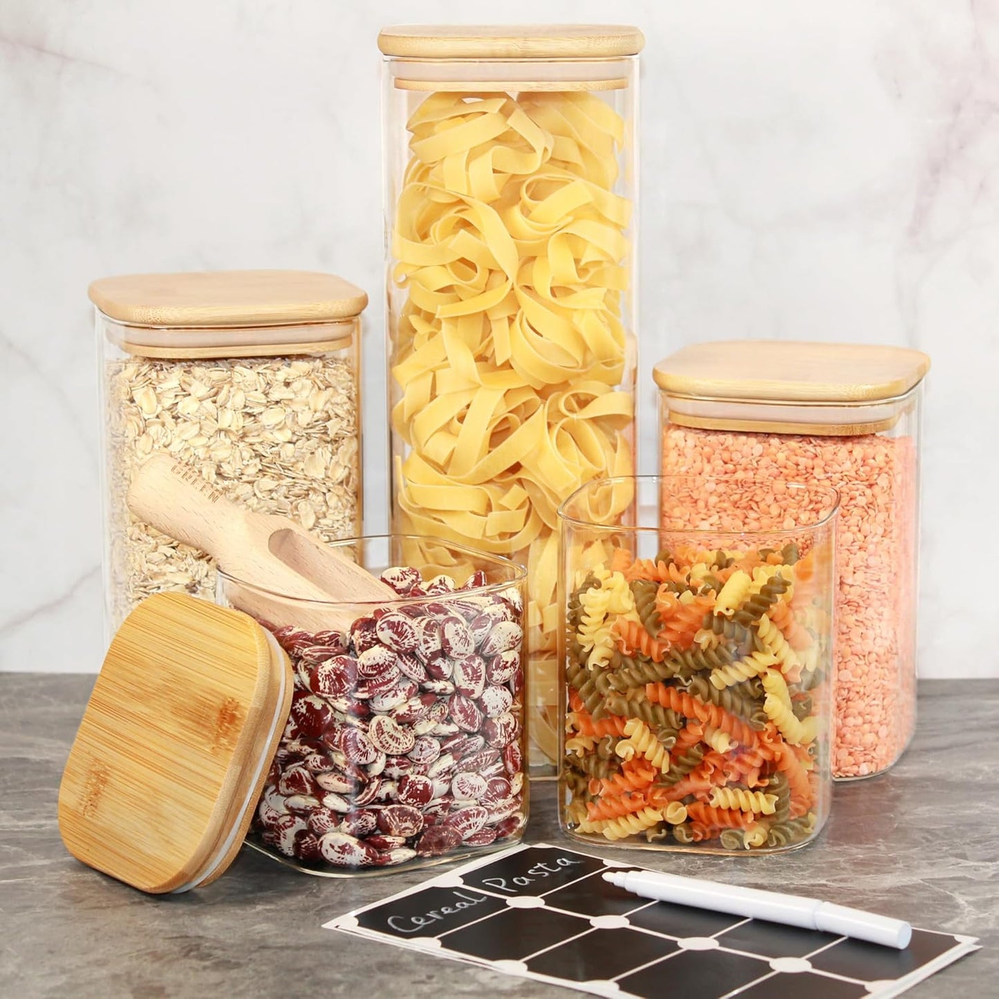 Different Sized Glass Jars with Lids, Glass Airtight Canisters Sets with Bamboo Lids, Glass Containers, Pantry Organization and Storage, Kitchen Canisters Sets, Glass Food Jars, Pantry Jars Sets of 5